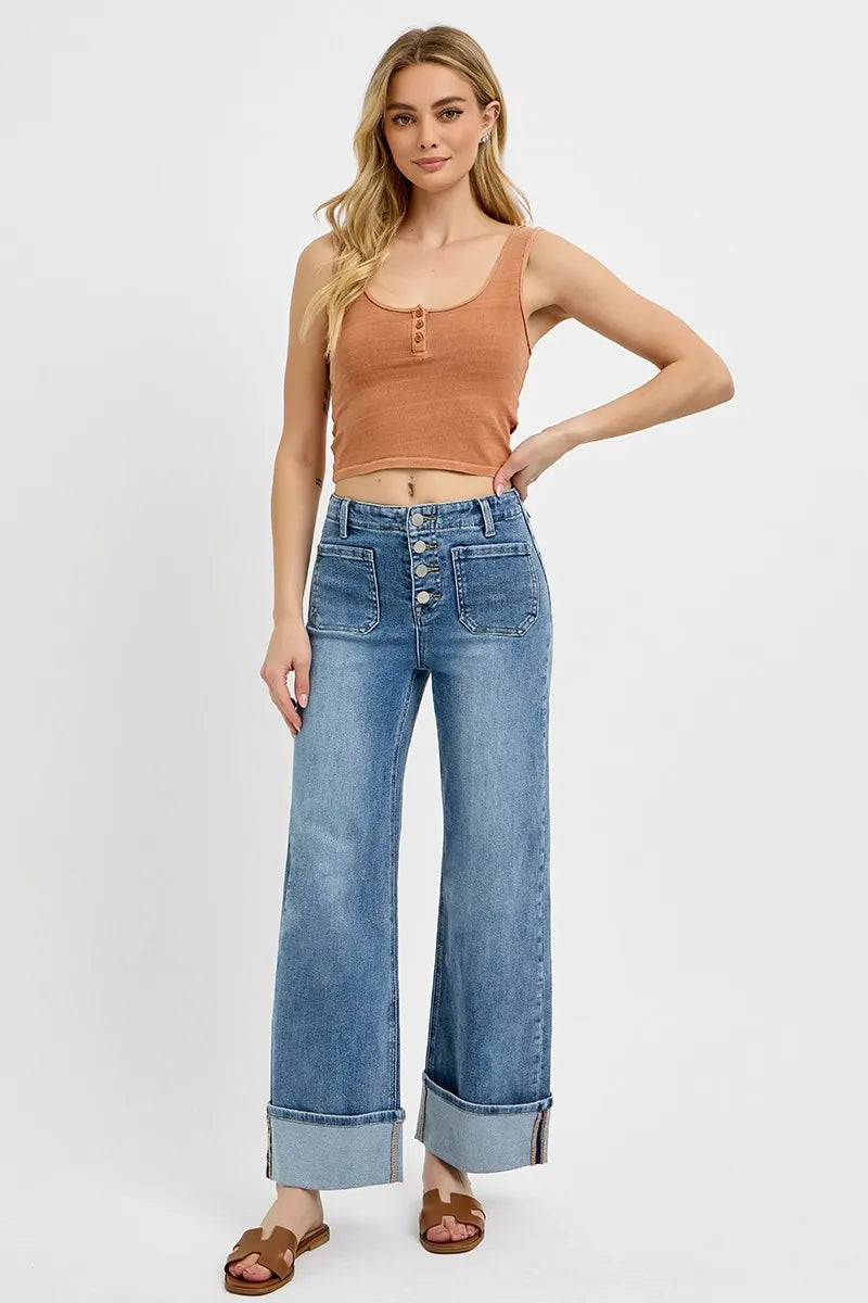RISEN High Rise Ankle Wide Button Patch Pocket Cuffed Jeans - Merit Sell
