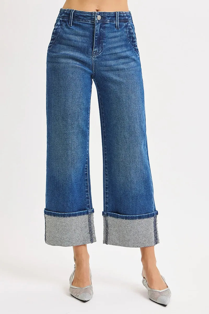 RISEN High Rise Ankle Wide Rhine Stone Cuffed Jeans - Merit Sell