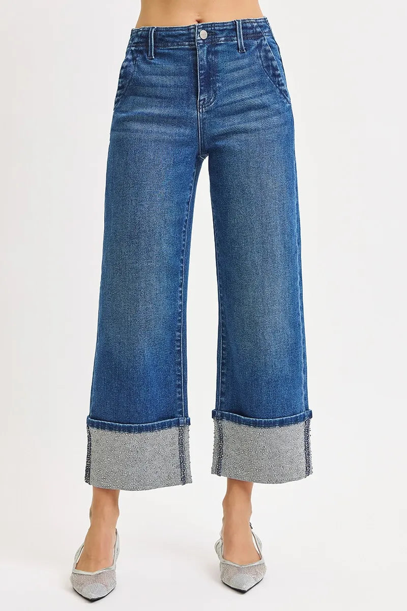 RISEN High Rise Ankle Wide Rhine Stone Cuffed Jeans - Merit Sell