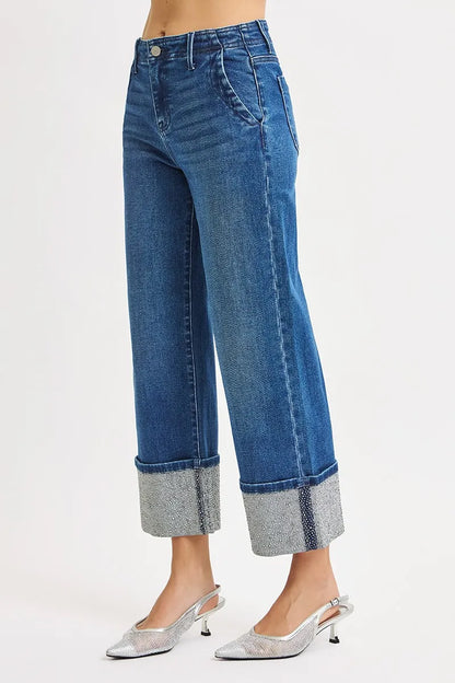 RISEN High Rise Ankle Wide Rhine Stone Cuffed Jeans - Merit Sell