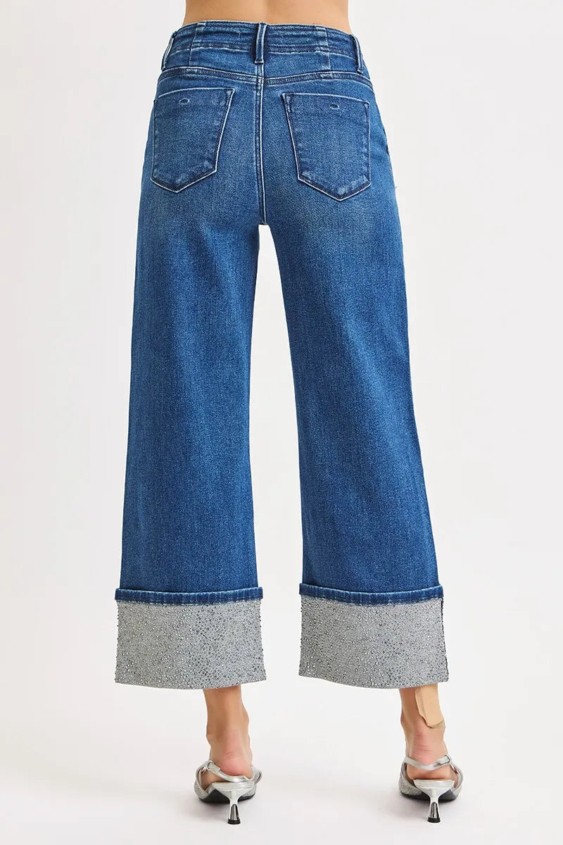RISEN High Rise Ankle Wide Rhine Stone Cuffed Jeans - Merit Sell