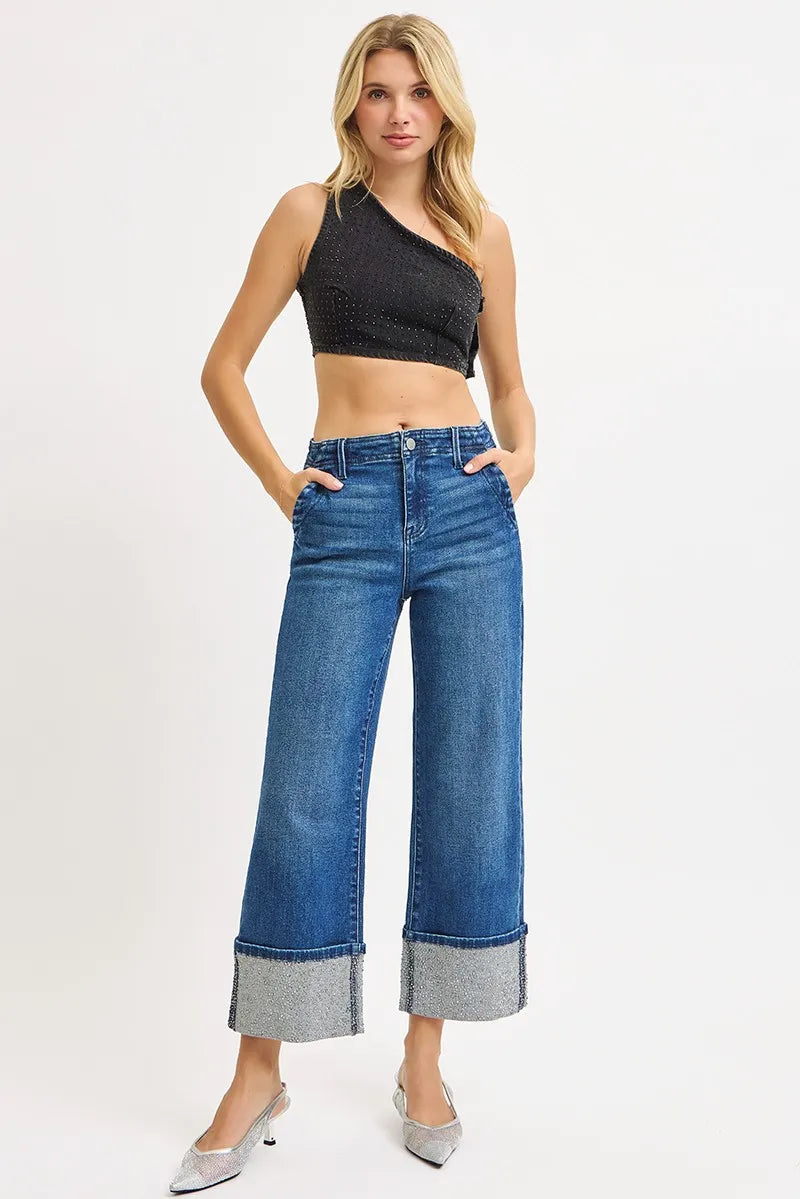 RISEN High Rise Ankle Wide Rhine Stone Cuffed Jeans - Merit Sell