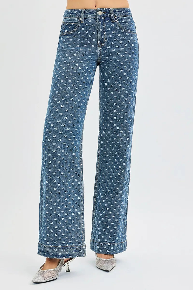 RISEN High Rise Wide Leg Bow Embroidered Jeans - Merit Sell