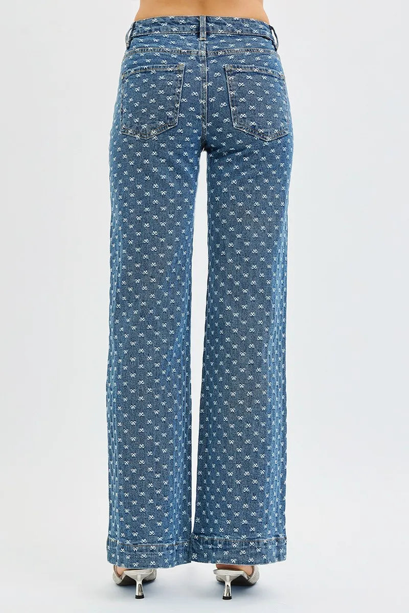 RISEN High Rise Wide Leg Bow Embroidered Jeans - Merit Sell