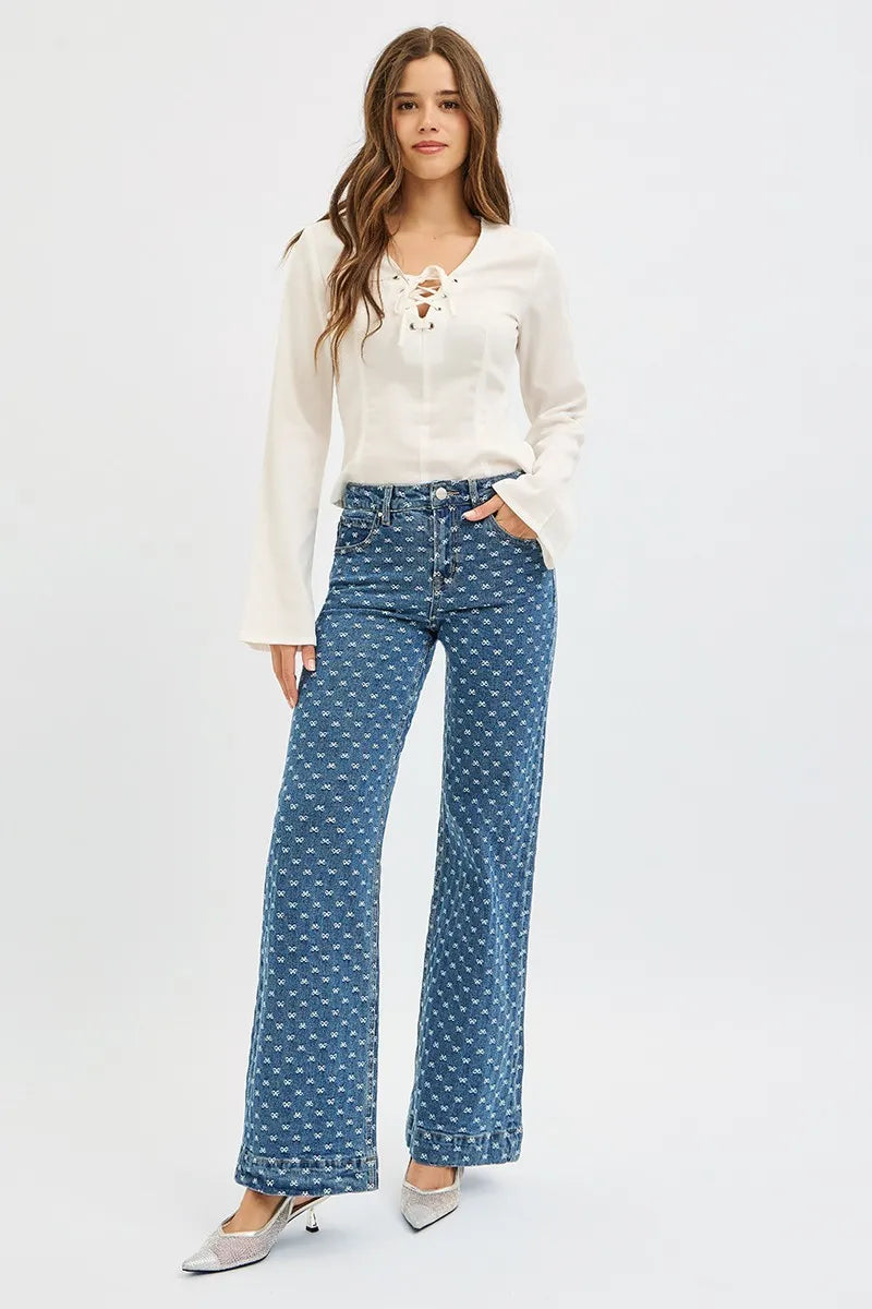 RISEN High Rise Wide Leg Bow Embroidered Jeans - Merit Sell