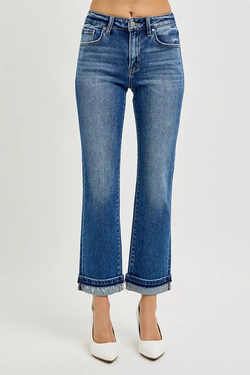 RISEN Mid Rise Ankle Straight Cuffed Jeans - Merit Sell