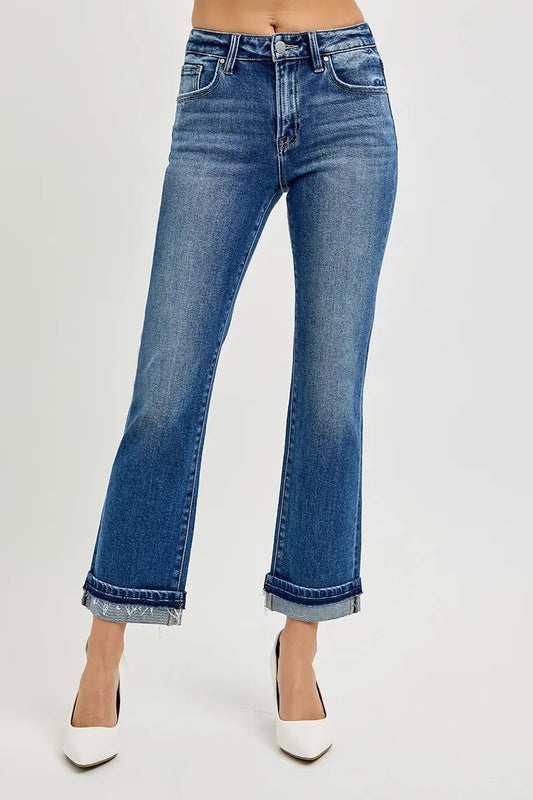 RISEN Mid Rise Ankle Straight Cuffed Jeans - Merit Sell