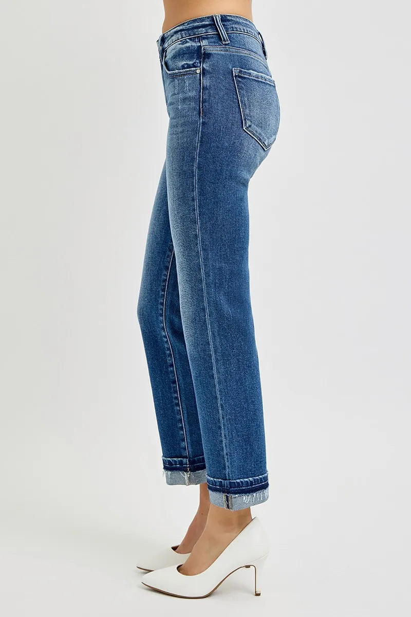 RISEN Mid Rise Ankle Straight Cuffed Jeans - Merit Sell