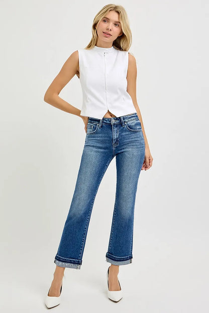 RISEN Mid Rise Ankle Straight Cuffed Jeans - Merit Sell