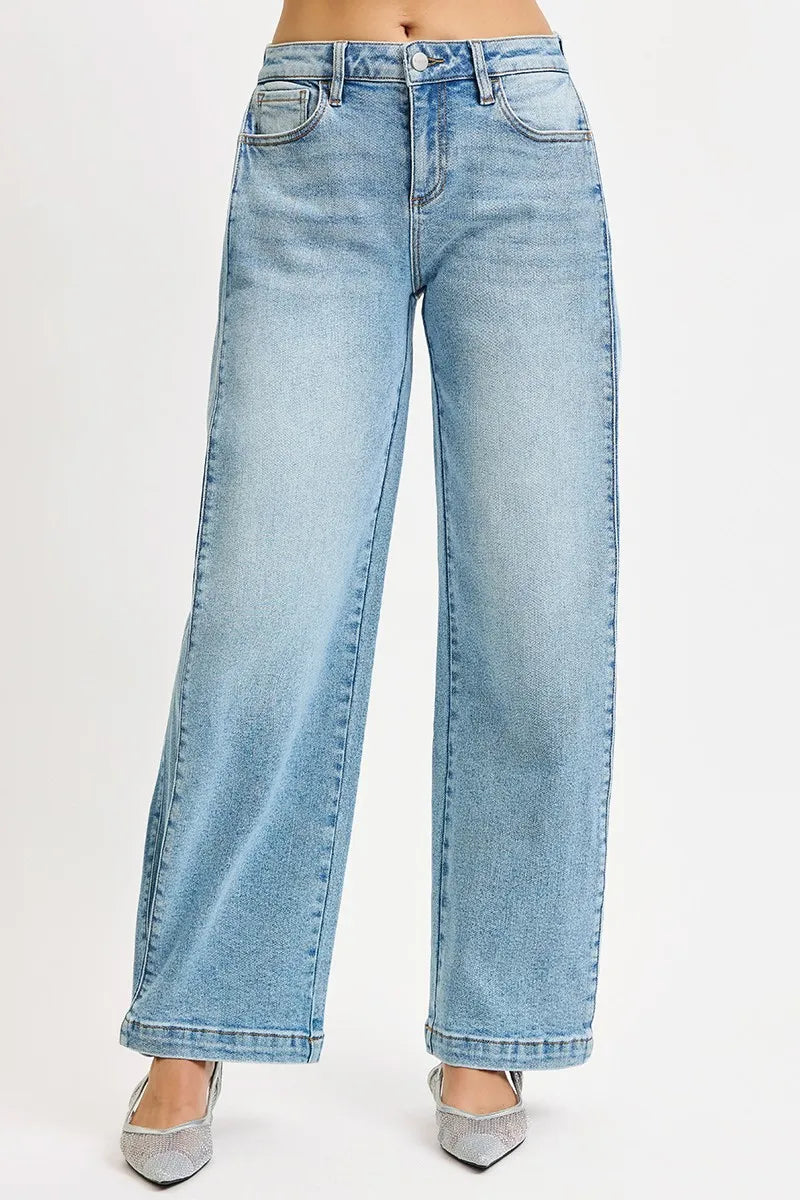 RISEN Mid Rise Wide Barrel Transferable Leg Snap Jeans - Merit Sell