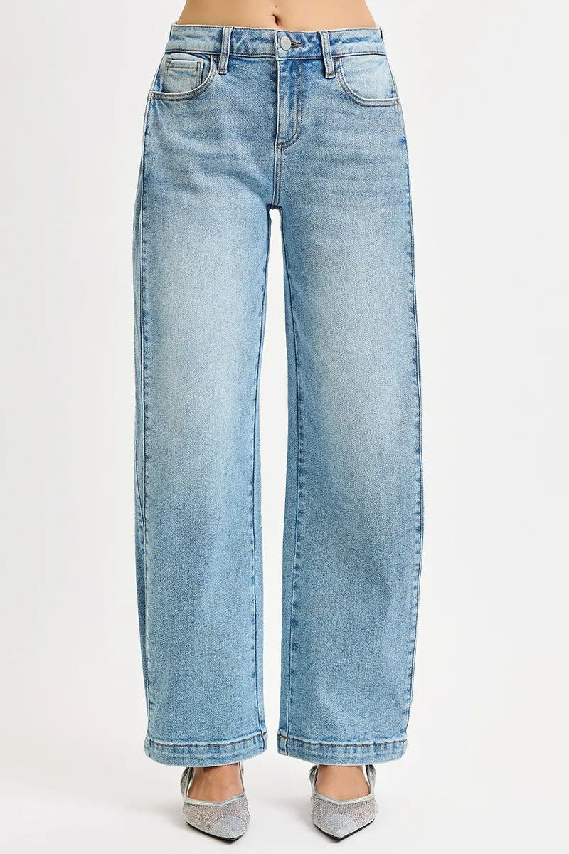 RISEN Mid Rise Wide Barrel Transferable Leg Snap Jeans - Merit Sell