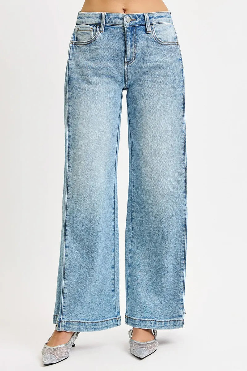RISEN Mid Rise Wide Barrel Transferable Leg Snap Jeans - Merit Sell