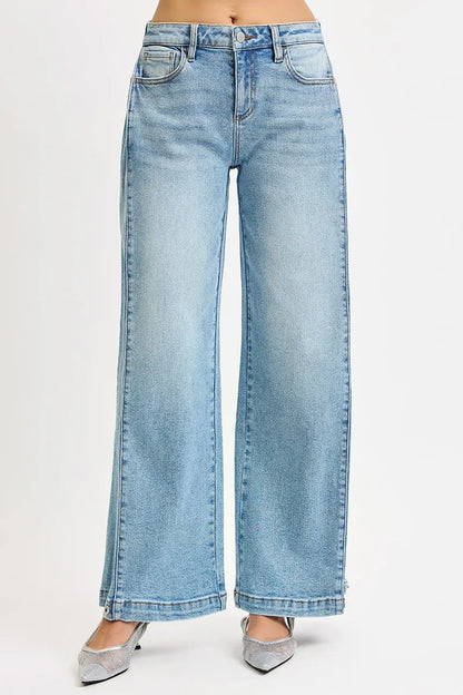 RISEN Mid Rise Wide Barrel Transferable Leg Snap Jeans - Merit Sell