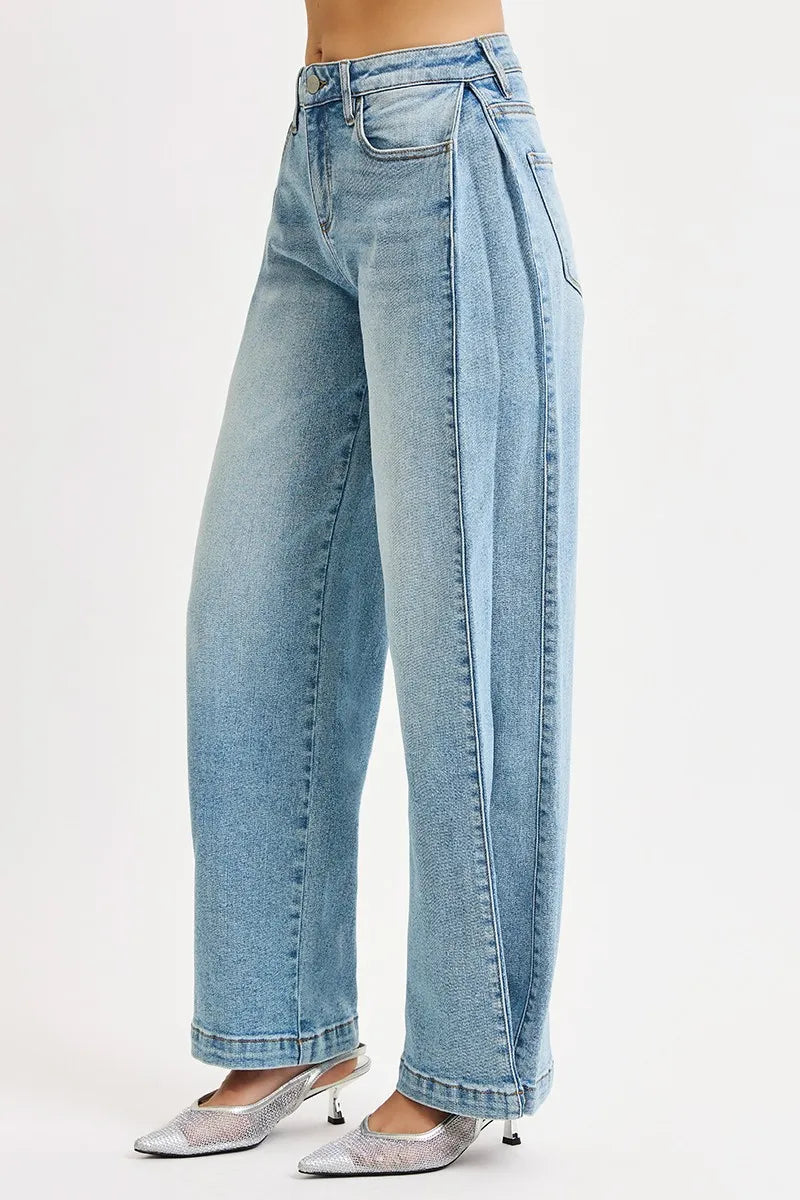 RISEN Mid Rise Wide Barrel Transferable Leg Snap Jeans - Merit Sell