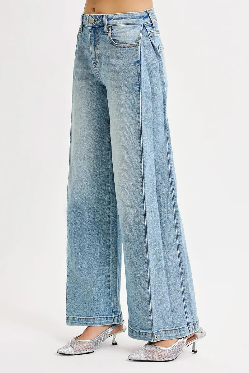RISEN Mid Rise Wide Barrel Transferable Leg Snap Jeans - Merit Sell