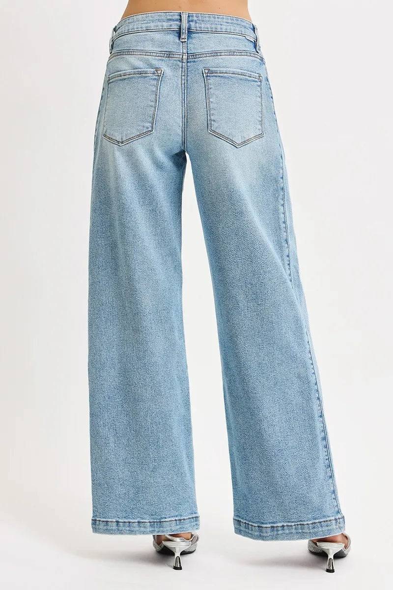 RISEN Mid Rise Wide Barrel Transferable Leg Snap Jeans - Merit Sell