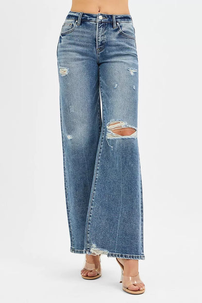 RISEN Tummy Control Mid Rise Fit Wide Jeans - Merit Sell