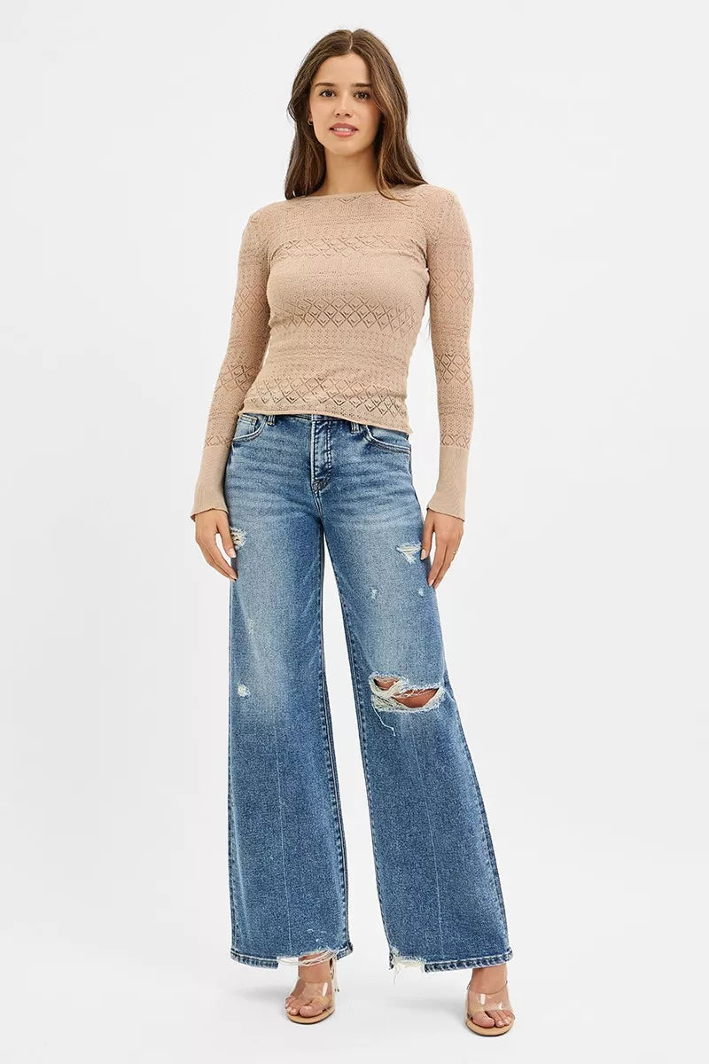 RISEN Tummy Control Mid Rise Fit Wide Jeans - Merit Sell