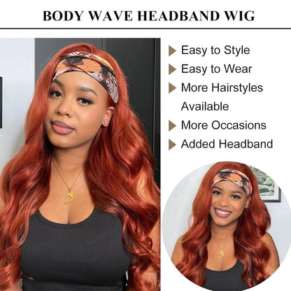 Reddish Brown Headband Wig Human Hair Body Wave None Lace Wig Human Hair Colored 33# Red Brown Headband Wigs for Black Women - Merit Sell