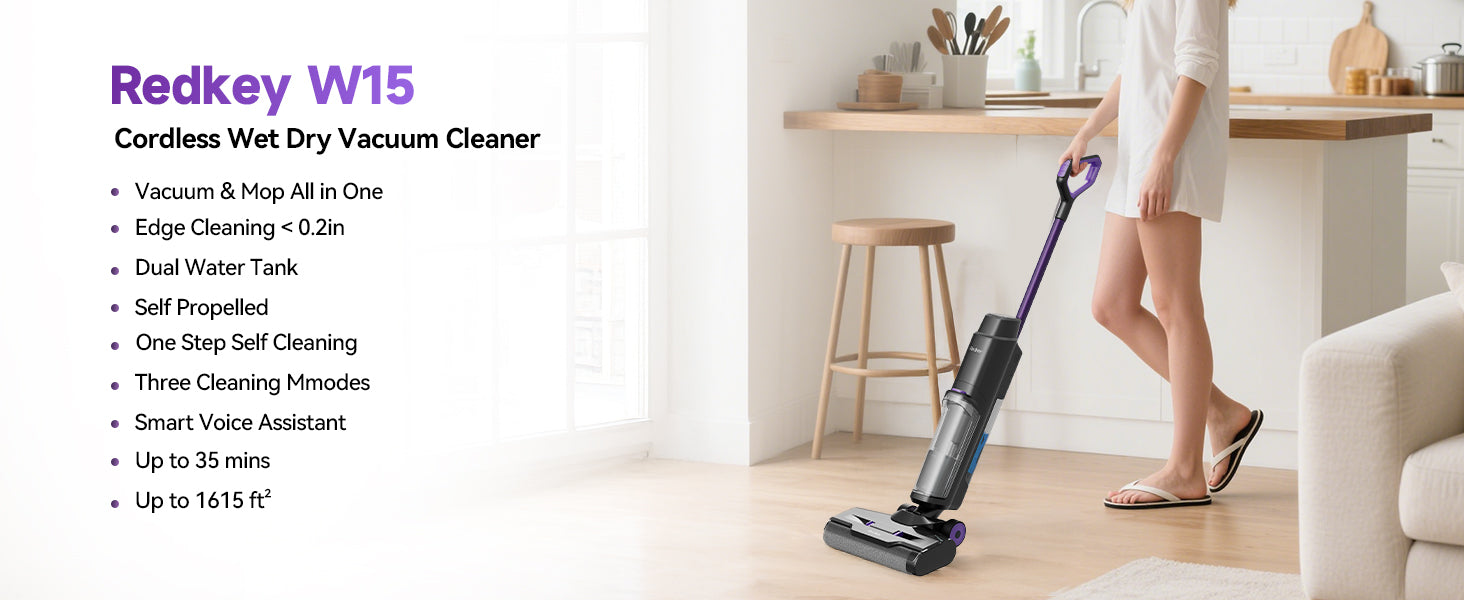 Redkey W15 Cordless Wet Dry Vacuum Cleaner 3 in1 , Self-Washing Self Propelled, 0.2in Edge Cleaning, Powerful Suction - Merit Sell