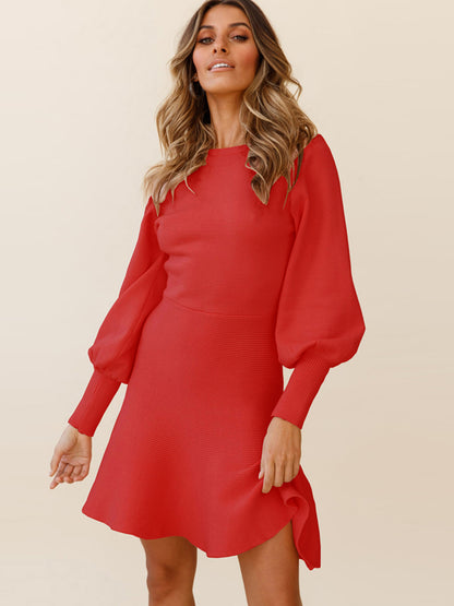 Round Neck Lantern Sleeve Sweater Dress - Merit Sell