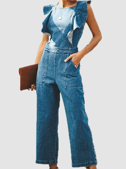 Ruffled Backless Sleeveless Denim Jumpsuit - Merit Sell