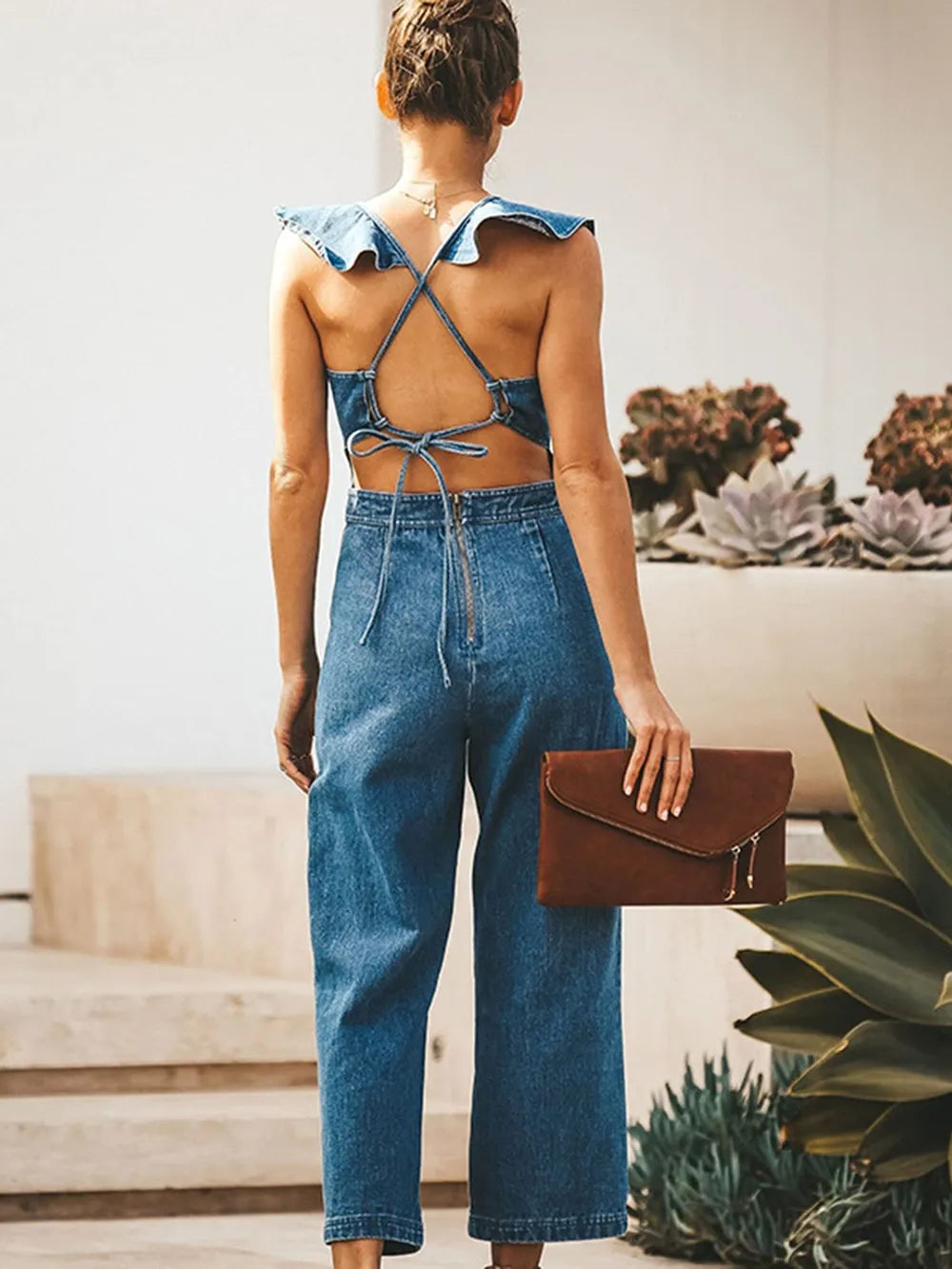 Ruffled Backless Sleeveless Denim Jumpsuit - Merit Sell