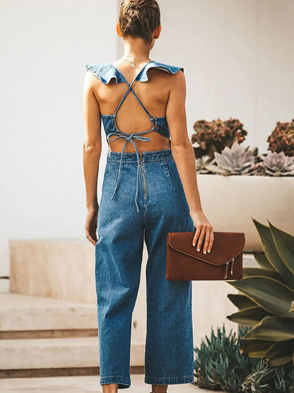 Ruffled Backless Sleeveless Denim Jumpsuit - Merit Sell
