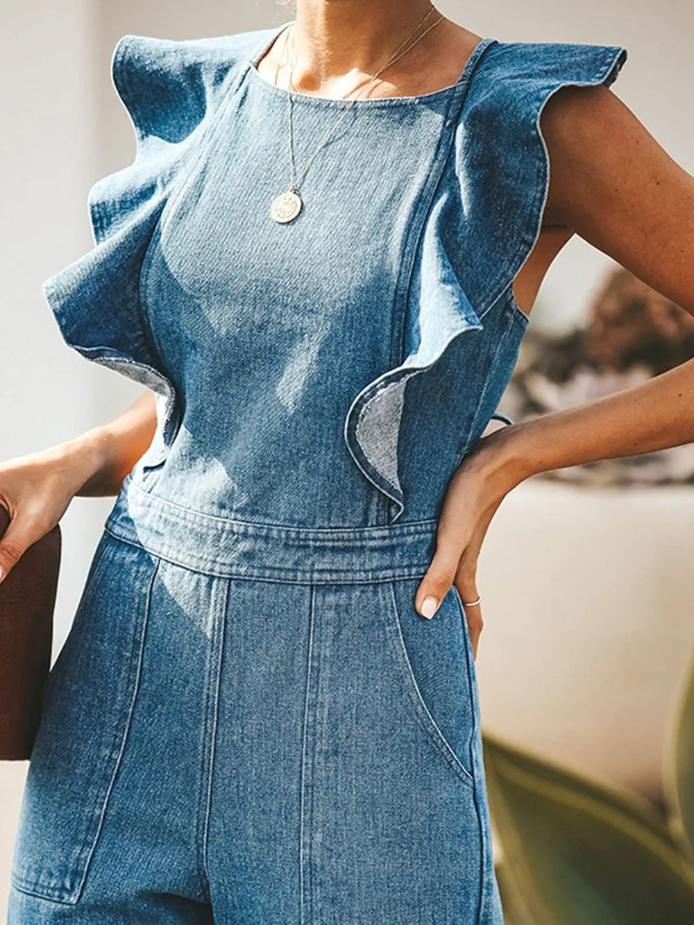 Ruffled Backless Sleeveless Denim Jumpsuit - Merit Sell