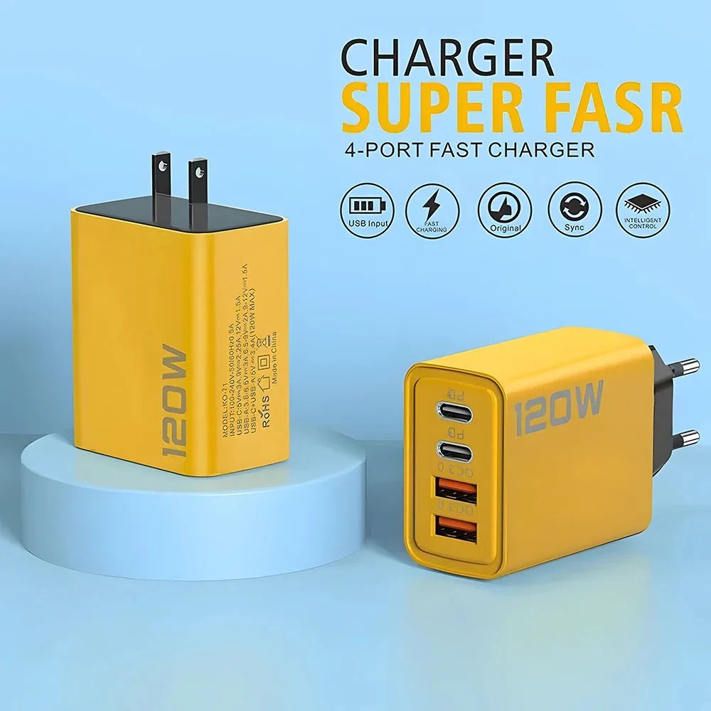 Total 120W USB Fast Charger 4 Ports PD Type C Quick Charge 3.0 Charger For iPhone 15 14 Samsung Xiaomi EU/US Plug Power Adapter