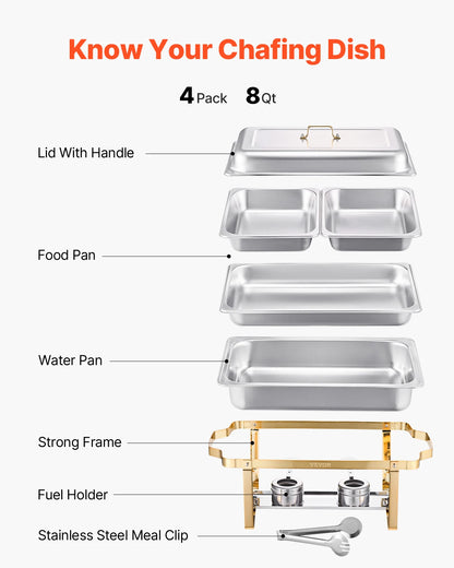 SucceBuy 8 Qt 4 Pack Chafing Dish Buffet Set Stainless Steel Chafer with 2 Full Size and 4 Half Size Pans Catering Warmer Server - Merit Sell