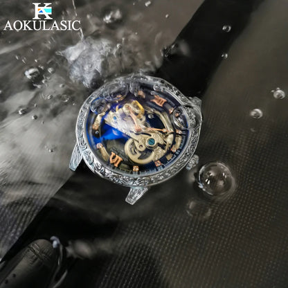AOKULASIC Luxury Leather Men Automatic Machinery Watch Retro Dial Design Double-Sided Hollow Out Tourbillon Waterproof Men Watch