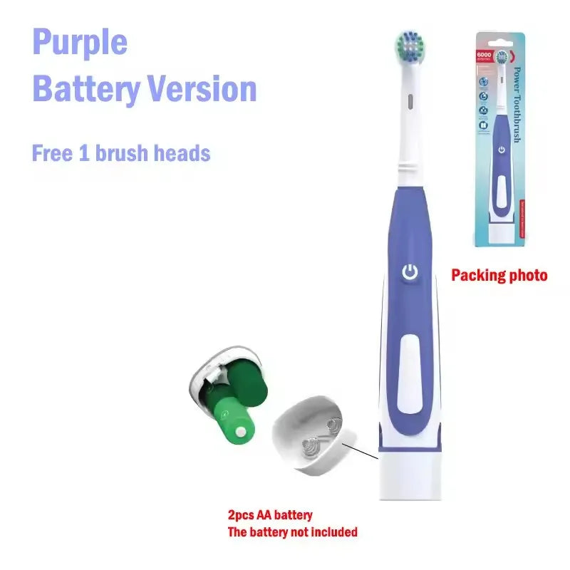 Adult Soft Bristle Electric Toothbrush - Battery Powered Teeth Whitening Gum Care with Rounded Vibrating Heads