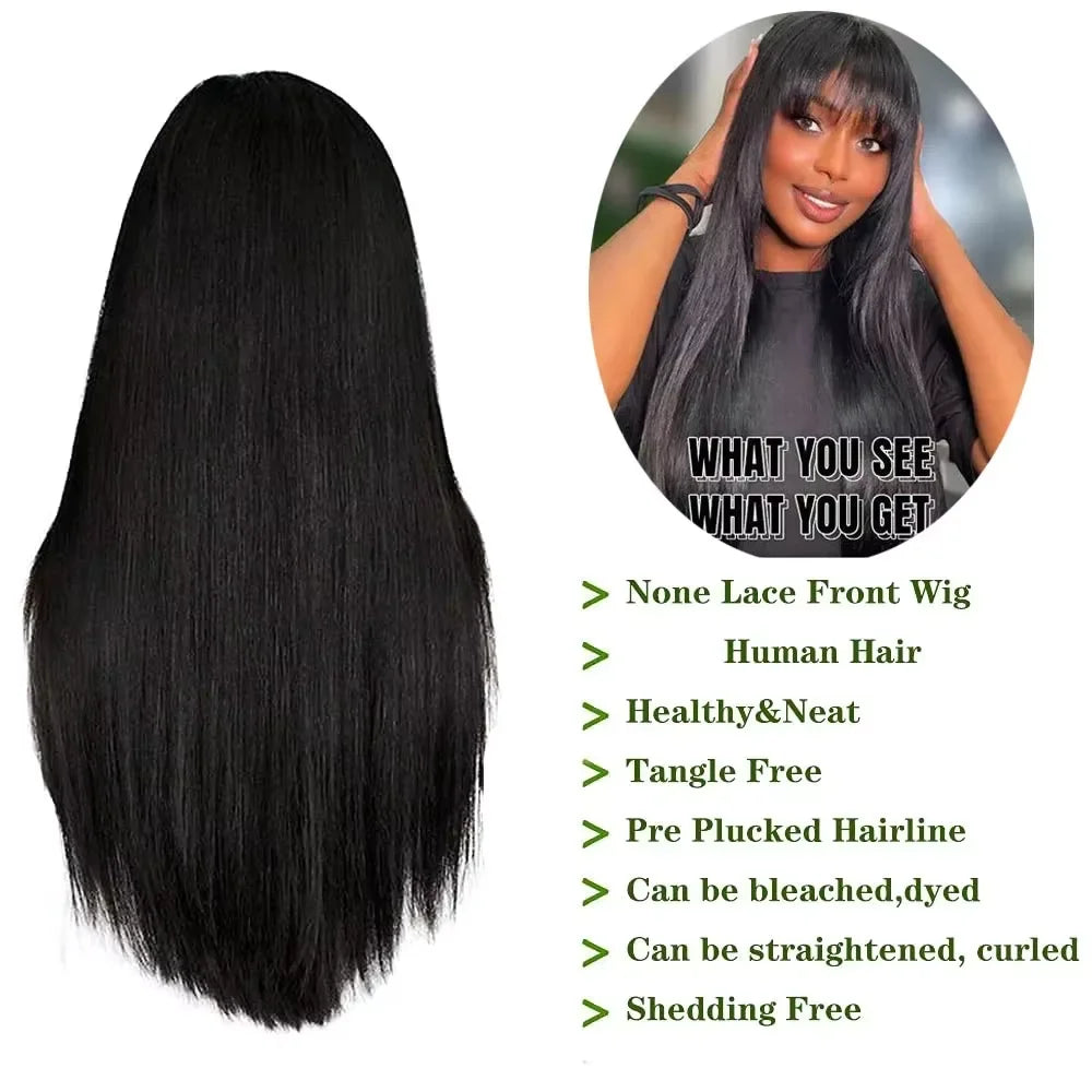 32 34Inch Straight Wigs Human Hair With Bangs Brazilian Virgin Human Hair Wigs Glueless Machine Made Wigs None Lace Front Wigs