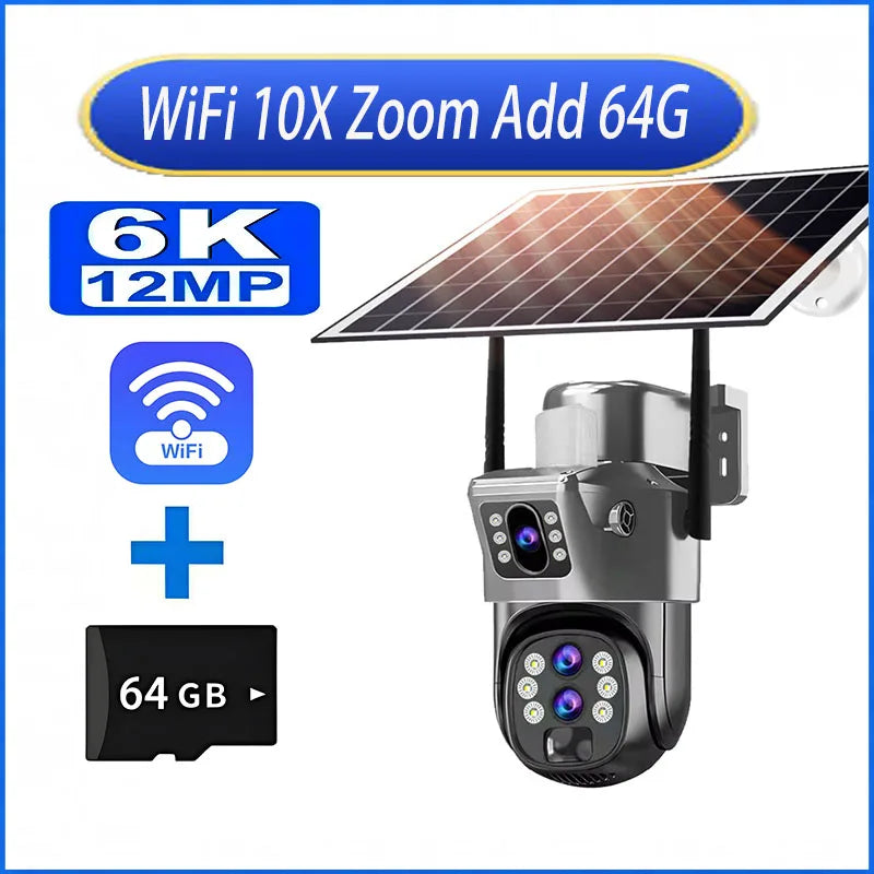6K 10X Zoom WiFi Outdoor Solar Camera Three Lens 12MP HD Night Vision PTZ Surveillance PIR Auto Tracking Wireless Network Cam