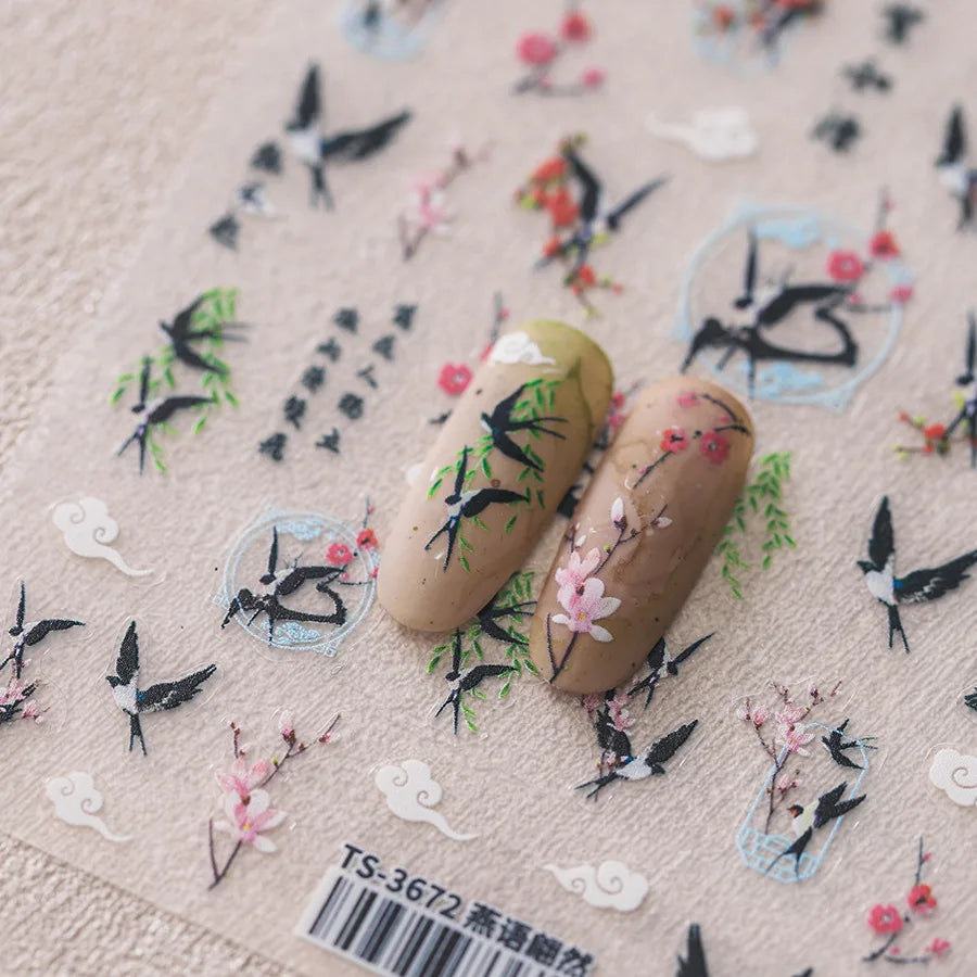 Nail Stickers Women Chinese Style Kite Swallow Bird 5D Decorations Slider Self Adhesive Nail Art Ornament Decals Sccessories DIY