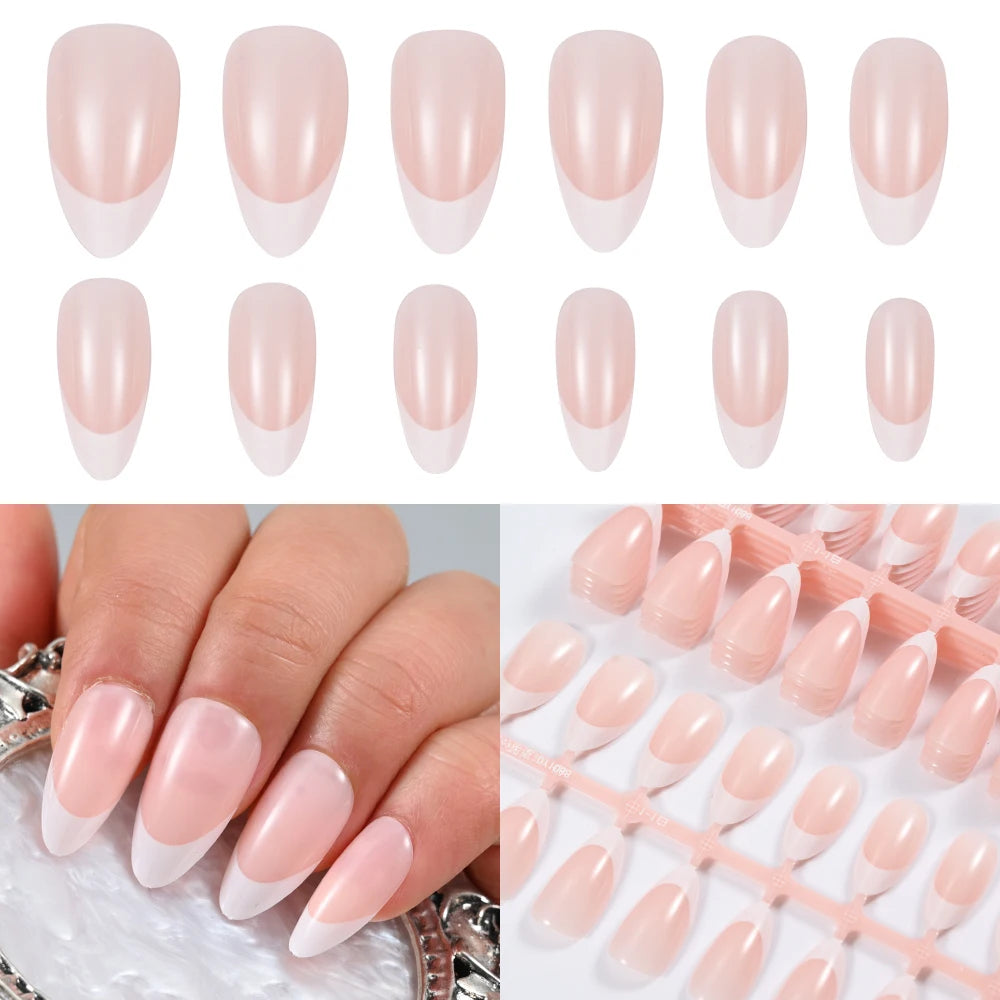 150Pcs Nude Pink Short Almond Press on Nails Gradient Full-Cover Almond Fake Nails 14-20mm Soft Gel Nude Pink Almond Nail Tips