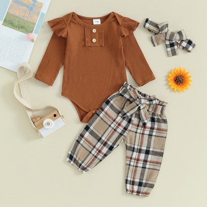 FOCUSNORM 3pcs Infant Baby Girls Fall Clothes Sets 0-18M Solid Color Buttons Long Sleeve Rompers Plaid Print Pants Headband