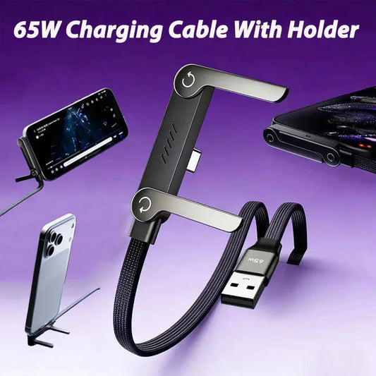 65W USB Fast Charging Cable With Foldable Phone Holder 2-in-1 Type-C Quick Charge Data Wire USB C Charging Line For Mobile Phone - Merit Sell
