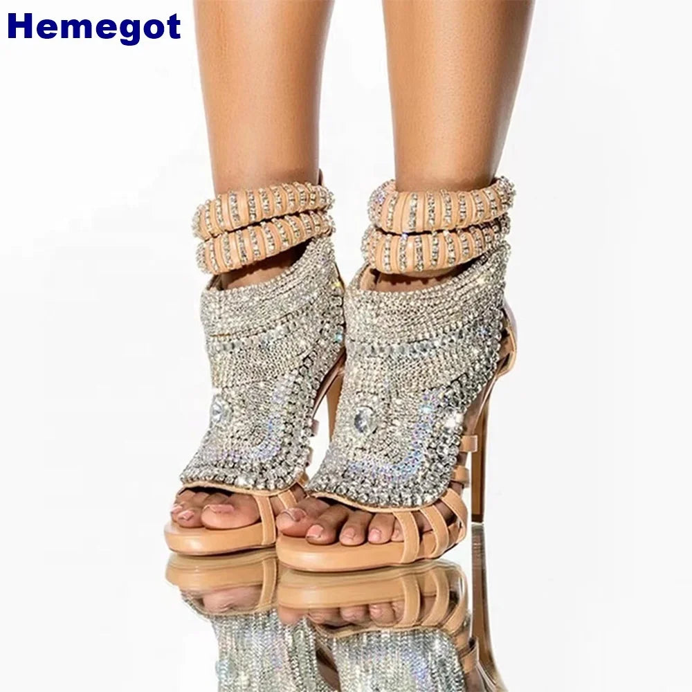 New Ladies Luxury Gem Crystal Bling Sandals Summer Sexy Open Toe Fashion Rhinestone Sandals Party Dress Catwalk Thin High Heels