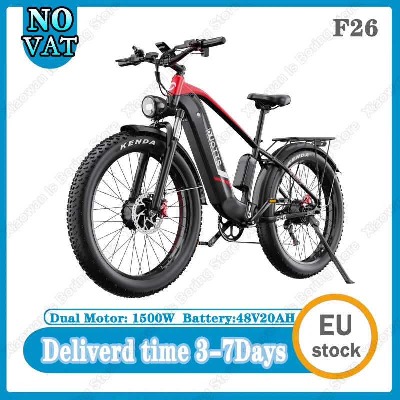 F26 Electric Bike 1500W Dual Motor 48V20AH Lithium Battery Aluminum Alloy Electric Bicycle 26*4.0-inch Fat Tire Mountain E-bike