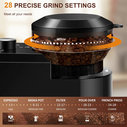Electric burr coffee grinder by Merit Sell with 28 precise grind settings for espresso, moka pot, filter, pour over, and french press