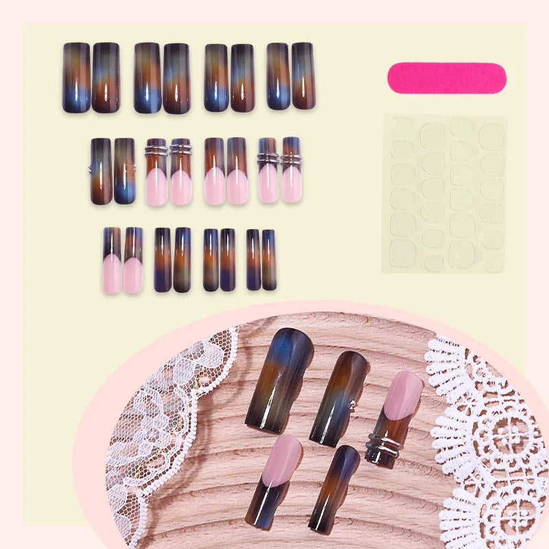 24pcs Smudging Color Simple False Nail Tips European Long Coffin French Style Press On Nails Spicy Girl Detachable Fake Nail