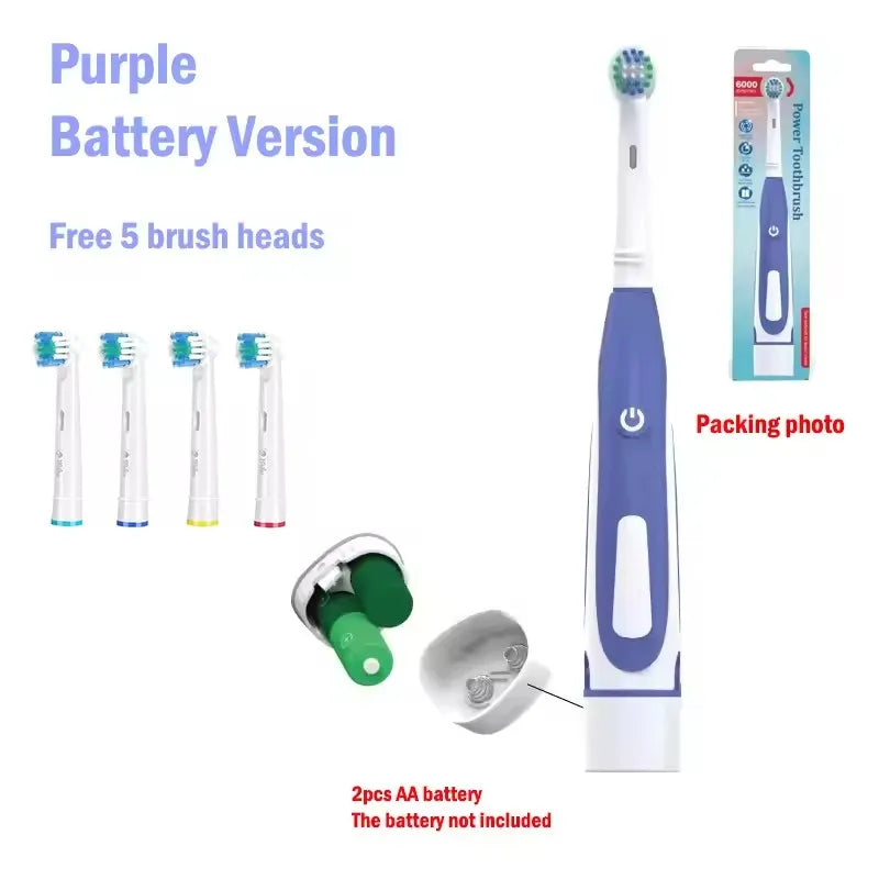 Adult Soft Bristle Electric Toothbrush - Battery Powered Teeth Whitening Gum Care with Rounded Vibrating Heads