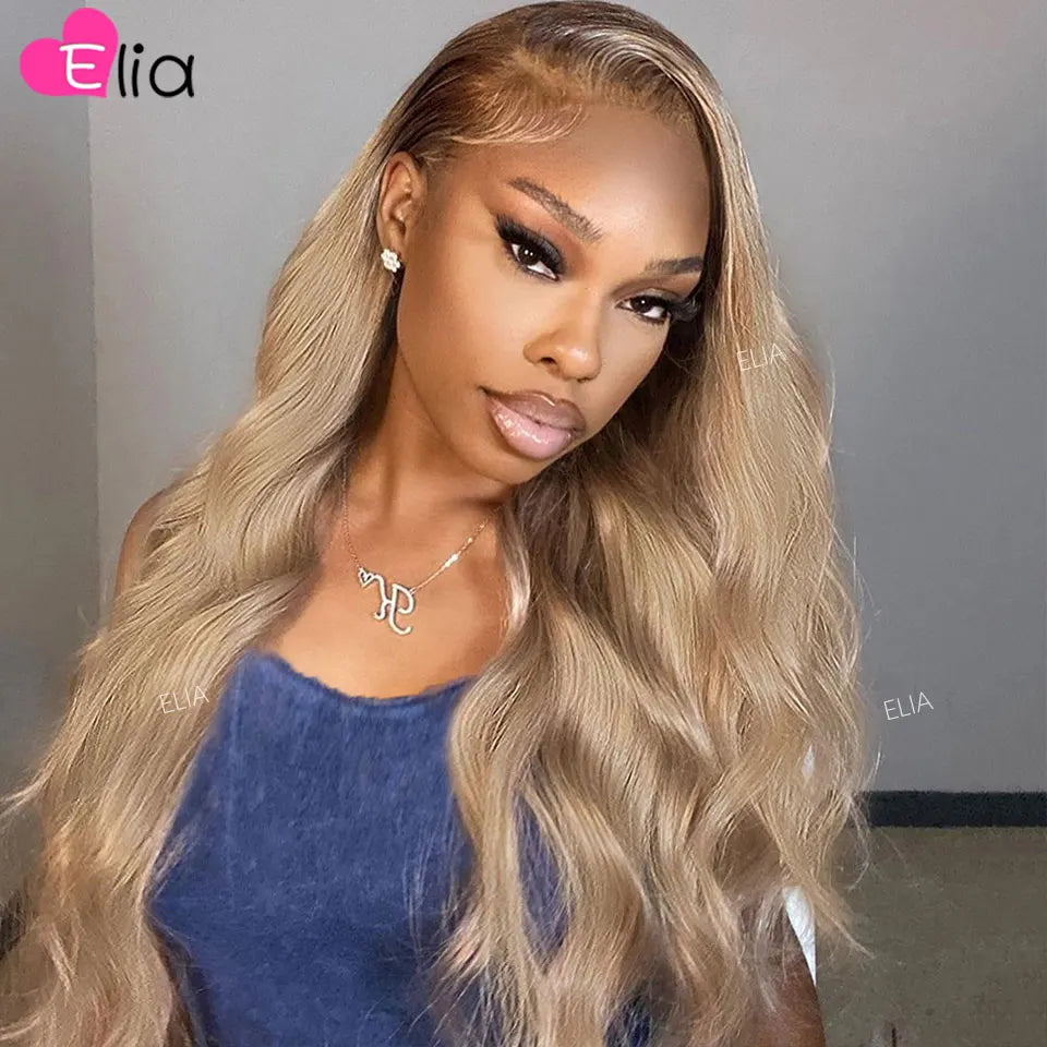 250 Density Brown Roots Blonde Colored Hair Wig Body Wave 32 Inches 13x6 Lace Frontal Human Hair Wig for Women Pre plucked 13x4