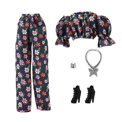 30cm Doll Clothes Floral Shirt Puff Sleeve Trousers Set Temperament Wear Matching Pieces Daily Doll Clothes Set For Girls Gift