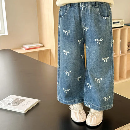 Childrens Clothing 2024 Autumn New Korean Bow Loose Jeans Trendy Girls Cute Clothes Teenage Girls Clothing