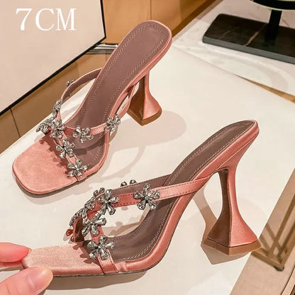 2024 New Summer Silver High Heels Women'S Crystal Flower Slippers Summer Beach Shoes