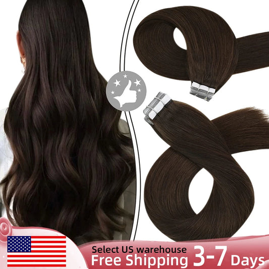 Moresoo Tape in Real Human Hair Extensions #4 Dark Brown Natural Remy Brazilian Hair PU Skin Weft Hair Extensions Tape in