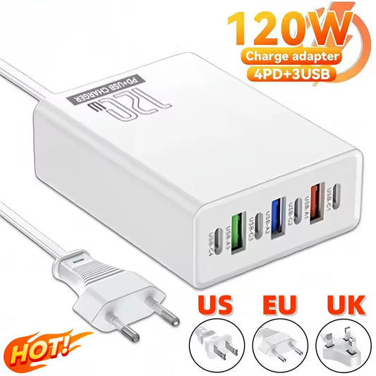 120W Charging Head 7 Ports 3USB+4PD Fast Charging Phone Charger Head 5V4A US/EU/UK Standard Charger for Mobile Phones - Merit Sell